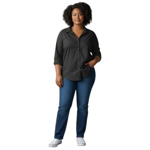 H&M Black Long Sleeve Shirt Women XXL 3/4 Button Up Cuffed Sleeve Collared